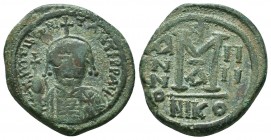 Maurice Tiberius, 582-602 AD, AE Follis, 

Condition: Very Fine

Weight: 14.40 gr
Diameter: 31 mm