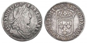 FRANCE. Louis XIV (1643-1715). 1/12 Écu (1660 A). Paris.
Obv: LVD XIIII D G FR ET NAV REX.
Laureate, draped and cuirassed bust right.
Rev: SIT NOMEN D...