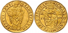 Michael von Kuenburg 1554 - 1560
 2 Dukaten 1555 Typ 2, Geviertes Wappen unter Mitra – stehender Hl. Rupert, Pr 410. 6,94g. HZ449. Fehlt in allen gro...