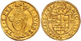 Michael von Kuenburg 1554 - 1560
 Dukat 1555 Typ, Geviertes Wappen unter Mitra – stehender Hl. Rupert, Pr 413. 3,54g. HZ453 vz