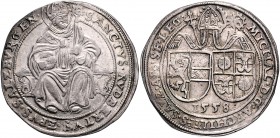 Michael von Kuenburg 1554 - 1560
 Guldiner 1558 Typ 1, Stifts- und Familienwappen nebeneinander unter Mitra, unten Jahreszahl – auf niedrigem Schemel...