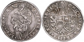 Michael von Kuenburg 1554 - 1560
 1/2 Guldiner 1557 Typ 1, Stifts- und Familienwappen nebeneinander unter Mitra, unten Jahreszahl – stehender Hl. Rup...