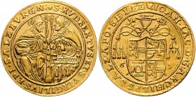 Johann Jakob Khuen von Belasi-Lichtenberg 1560 - 1586
 6 Dukaten 1565 Typ 1, Geviertes Wappen unter dem Legatenhut – Hl. Rupert und Hl. Virgil einand...