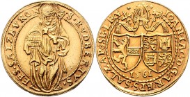 Johann Jakob Khuen von Belasi-Lichtenberg 1560 - 1586
 4 Dukaten 1561 Typ 6, Stifts- und geviertes Familienwappen nebeneinander unter Mitra – stehend...