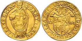 Johann Jakob Khuen von Belasi-Lichtenberg 1560 - 1586
 2 Dukaten 1566 Typ 1, Unter Mitra geviertes Wappen – stehender Hl. Rupert, Legendenfehler SANT...
