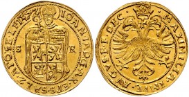 Johann Jakob Khuen von Belasi-Lichtenberg 1560 - 1586
 2 Dukaten 1572 Typ 2, Stehender Hl. Rupert zwischen S-R, den unteren Körper bedeckend das gevi...