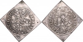 Johann Jakob Khuen von Belasi-Lichtenberg 1560 - 1586
 1/2 Taler Klippe o.J. Typ 7, Unter Mitra Stifts- und Familienwappen im Kleeblatt – Hl. Rupert ...