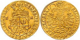 Georg von Kuenburg 1586 - 1587
 2 Dukaten 1586 Typ, Stehender Hl. Rupert zwischen S-R, den unteren Körper bedeckend das gevierte Wappen – Reichsadler...