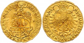 Georg von Kuenburg 1586 - 1587
 2 Dukaten 1587 Typ, Stehender Hl. Rupert zwischen S-R, den unteren Körper bedeckend das gevierte Wappen – Reichsadler...