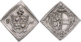 Georg von Kuenburg 1586 - 1587
 Rechenpfennig Klippe 1586 Typ 1, In Raute Familienwappen, oben ein Punkt, unten eine Rosette – in Raute Stiftswappen ...