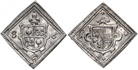 Georg von Kuenburg 1586 - 1587
 Rechenpfennig Klippe 1586 Typ 2, In Raute Familienwappen, oben ein Punkt, unten eine Rosette – in Raute Stiftswappen,...
