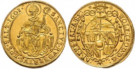 Wolf Dietrich von Raitenau 1587 - 1612
 2 Dukaten 1601 Typ 6, Unter dem Legatenhut sechsfeldiges Wappen – auf Thron sitzender Hl. Rupert, Pr 767. 6,9...