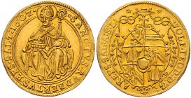 Wolf Dietrich von Raitenau 1587 - 1612
 2 Dukaten 1602 Typ 6, Unter dem Legatenhut sechsfeldiges Wappen – auf Thron sitzender Hl. Rupert, Pr 768. 6,9...