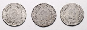Kaiser Franz II. (I). 1806 - 1809 und ab 22. April 1816
 LOT 3 Stück: 20 Kreuzer 1808 und 1809 D (2x) ss/vz+