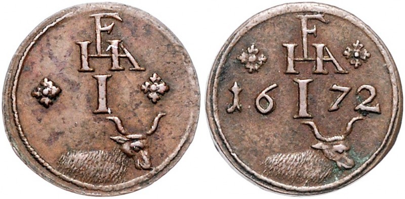 Salzburger Wahrzeichengeld
 1 Kreuzer 1672 Fleisch, Pr 2679a. 1,98g. HZ3554 vz