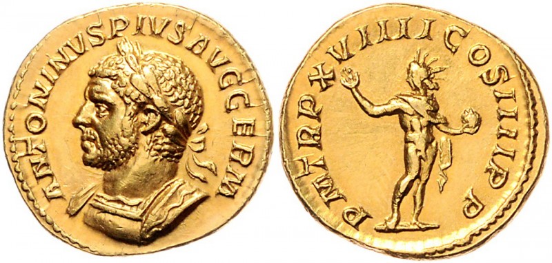 Caracalla 198 - 217
Aureus 215, ANTONINVS PIVS AVG GERM Laureate, draped and cu...