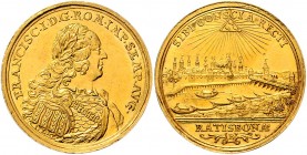 Deutschland vor 1871 Regensburg
Franz I. Stephan 1745 - 1765 Dukat o. Jahr Mit Namen und Titel Franz´ I. Belorbeertes Brustbild Kaiser Franz´ I nach ...