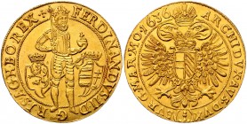 Ferdinand II. als Kaiser 1619 - 1637
 10 Dukaten 1636 Münzmeister Tobias Schuster. FERDINANDVS • II • D - G - R • I • S • A • G • H • BO • REX ß Der ...