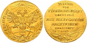 Leopold I. 1657 - 1705
 Goldmedaille zu 3 Dukaten 1683 von M. Hofmann und M. Mittermaier, zur Belagerung und Befreiung von Wien und die Siege über di...