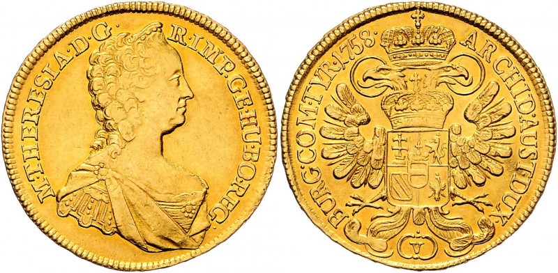 Maria Theresia 1740 - 1780
 5 Dukaten 1758 Brustbild mit Diadem rechts. M THERE...