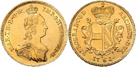 Maria Theresia 1740 - 1780
 2 Souverain d´or 1761 W.- I- Brustbild rechts // gekrönter zweifeldiger Wappenschild: Österreich, Burgund, darunter Msz. ...