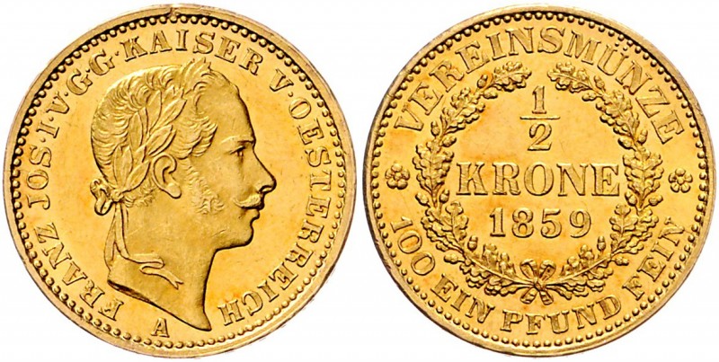 Franz Joseph I. 1848 - 1916
 1/2 Vereinskrone 1859 A FRANZ JOS. I.V.G.G.KAISER ...