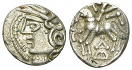Aedui AR Quinarius, "Kaletedou" Type 

Celtic Gaul, Aedui. AR Quinarius (12-13 mm, 1.83 g), c. 80-50 BC. "Kaletedou"-Type.
 Obv. Helmeted head of R...
