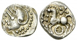 Aedui AR Quinarius, "Kaletedou" Type 

Celtic Gaul, Aedui. AR Quinarius (12-13 mm, 1.90 g), c. 80-50 BC. "Kaletedou"-Type.
 Obv. Helmeted head of R...