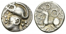 Aedui AR Quinarius 

Celtic Gaul, Aedui. AR Quinarius (13 mm, 1.93 g), c. 80-50 BC.
Obv. Celticized head of Roma to left.
Rev. Horse galopping lef...