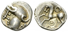 Aedui AR Quinarius 

Celtic Gaul, Aedui. AR Quinarius (13-14 mm, 1.92 g), c. 80-50 BC.
Obv. Celticized head of Roma to left.
Rev. Horse galopping ...