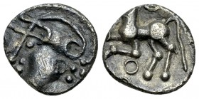 Aedui AR Quinarius 

Celtic Gaul, Aedui. AR Quinarius (13 mm, 1.74 g), c. 80-50 BC.
Obv. Celticized head of Roma to left.
Rev. Horse galopping lef...