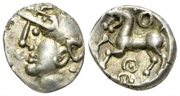 Aedui AR Quinarius 

Celtic Gaul, Aedui. AR Quinarius (13-14 mm, 1.94 g), c. 80-50 BC.
Obv. Celticized head of Roma to left.
Rev. Horse galopping ...