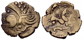 Aulerci Eburovices AV Hemistater 

Celtic Gaul. Aulerci Eburovices. AV Hemistater (18-19 mm, 2.97 g), c. 60-50 BC.
 Obv. Celticised head left with ...