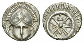Mesambria AR Diobol, c. 450-350 BC 

Thrace, Mesembria. AR Diobol (10 mm, 1.13 g), c. 450-350 BC.
 Obv. Crested corinthian helmet facing.
 Rev. M ...