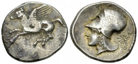 Corinth AR Stater, c. 405-345 BC 

Corinthia, Corinth. AR Stater (21-23 mm, 8.51 g), c. 405-345 BC.
Obv. Pegasos flying left, koppa below.
Rev. He...