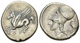 Corinth AR Stater, c. 375-300 BC 

Corinthia, Corinth. AR Stater (20-23 mm, 8.43 g), c. 375-300 BC.
Obv. Pegasus flying left; Ϙ below.
Rev. Head o...