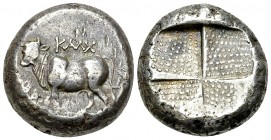 Kalchedon AR Tetradrachm, c. 386-340 BC 

Kalchedon, Bithynia. AR Tetradrachm (21 mm, 15.10 g), c. 386-340 BC.
 Obv. KAΛX, bull to left on corn-ear...