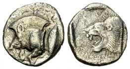 Kyzikos AR Diobol, c. 450-400 BC 

Kyzikos, Mysia. AR Diobol (10-12 mm, 0.88 g), c. 450-400 BC.
Obv. Forepart of boar left, tunny behind.
Rev. Hea...