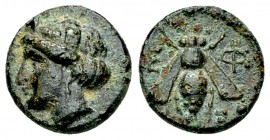 Ephesos AE11, c. 375-325 BC 

Ionia, Ephesos. AE11 (1.52 g), c. 375-325 BC.
Obv. Female head (Artemis?) to left, wearing stephane.
Rev: E - Φ, Bee...