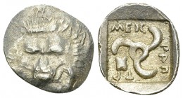 Mithrapata AR Diobol, c. 390-370 BC 

Dynasts of Lycia, Mithrapata. AR Diobol (12-13 mm, 1.02 g), c. 390-360 BC.
Obv. Facing lion's scalp / Triskel...