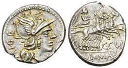 C. Curiatius Trigemnius AR Denarius, 142 BC 

C. Curiatius Trigeminus. AR Denarius (18-19 mm, 3.95 g), Rome, 142 BC.
Obv. Helmeted head of Roma to ...