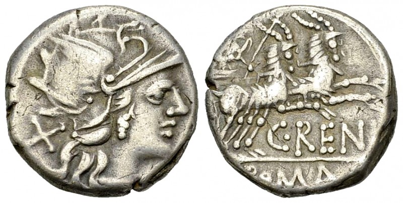 C. Renius AR Denarius, 138 BC 

C. Renius. AR Denarius (17 mm, 3.72 g), Rome, ...