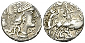 Sextus Pompeius Fostlus AR Denarius, c. 137 BC 

Sextus Pompeius Fostlus. AR Denarius (17-18 mm, 3.95 g), Rome, c. 137 BC.
 Obv. Helmeted head of R...