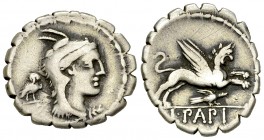 L. Papius AR Denarius serratus, 79 BC 

L. Papius. AR Denarius serratus (17-19 mm, 3.78 ), Rome, 79 BC.
 Obv. Head of Juno Sospita to right; behind...