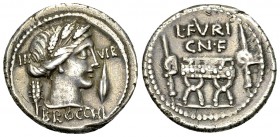 L. Furius Cn. f. Brocchus AR Denarius, 63 BC 

L. Furius Cn. f. Brocchus. AR Denarius (19-20 mm, 3.97 g), Rome, 63 BC.
 Obv. III - VIR, Head of Cer...
