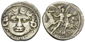 L. Plautius Plancus AR Denarius, 47 BC 

L. Plautius Plancus. AR Denarius (18-19 mm, 3.83 g), Rome 47 BC.
Obv. Head of Medusa facing; with coiled s...
