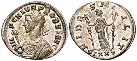 Probus silvered AE Antoninianus, Fides reverse 

Probus (276-282 AD). Silvered AE Antoninianus (22-24 mm, 3.98 g), Ticinum.
Obv. IMP C M AVR PROBVS...