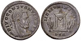 Divus Constantius I AE Follis, Trier 

Divus Constantius I (died 306 AD). Under Constantinus I. AE Nummus (26-27 mm, 7.15 g), Trier, c. 307-308 AD. ...