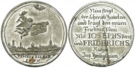 RDR, Zinnmedaille mit Kupferstift 1776 

RDR. Joseph II (1765-1790). Zinnmedaille mit Kupferstift 1779 (36 mm, 14.34 g), auf den Frieden von Teschen...