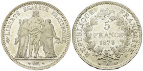 France, AR 5 Francs 1874 A, Paris 

France, IIIe République. AR 5 Francs 1873 A (25.25 g) (!), Paris.
Gad. 745.

Magnifique exemplaire. FDC.